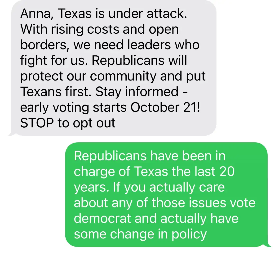The image shows a mock text message conversation. The first message, in a gray bubble, is a political text blast addressed…