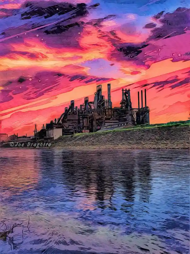 A stylized, painterly image shows a decaying industrial complex with smokestacks and broken structures silhouetted against a…