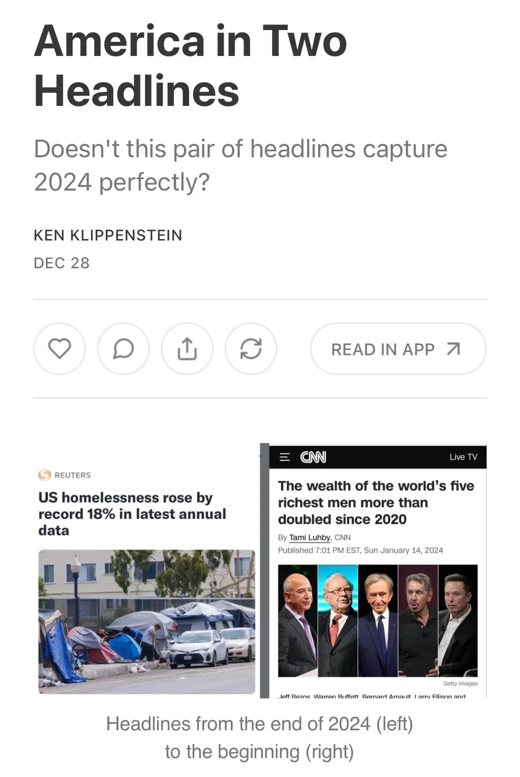 An article titled 'America in Two Headlines' displays two side-by-side news snippets from 2024. The left shows a Reuters…