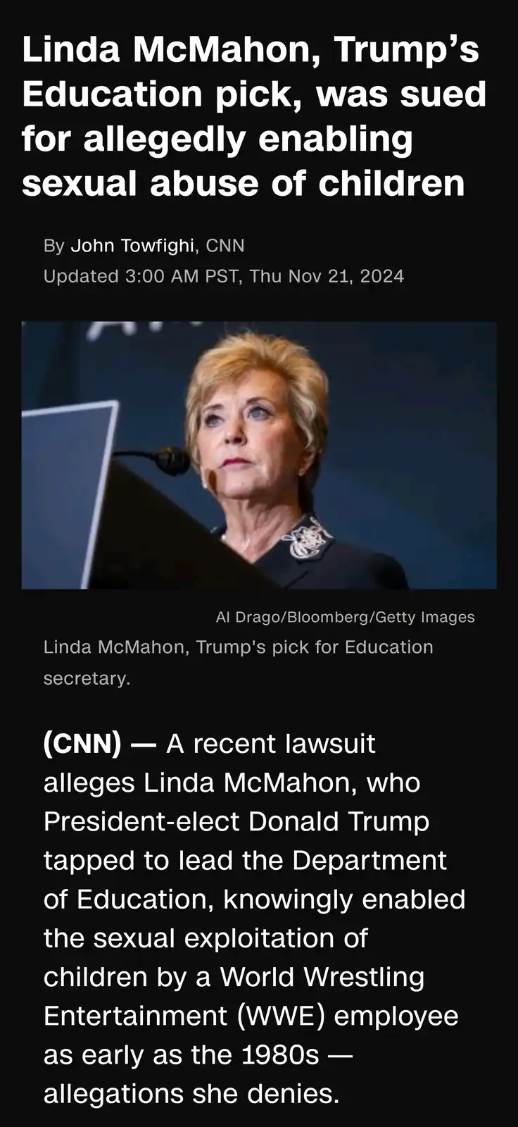 A screenshot of a CNN news article shows a photo of Linda McMahon, identified as Trump's pick for Education secretary, with…