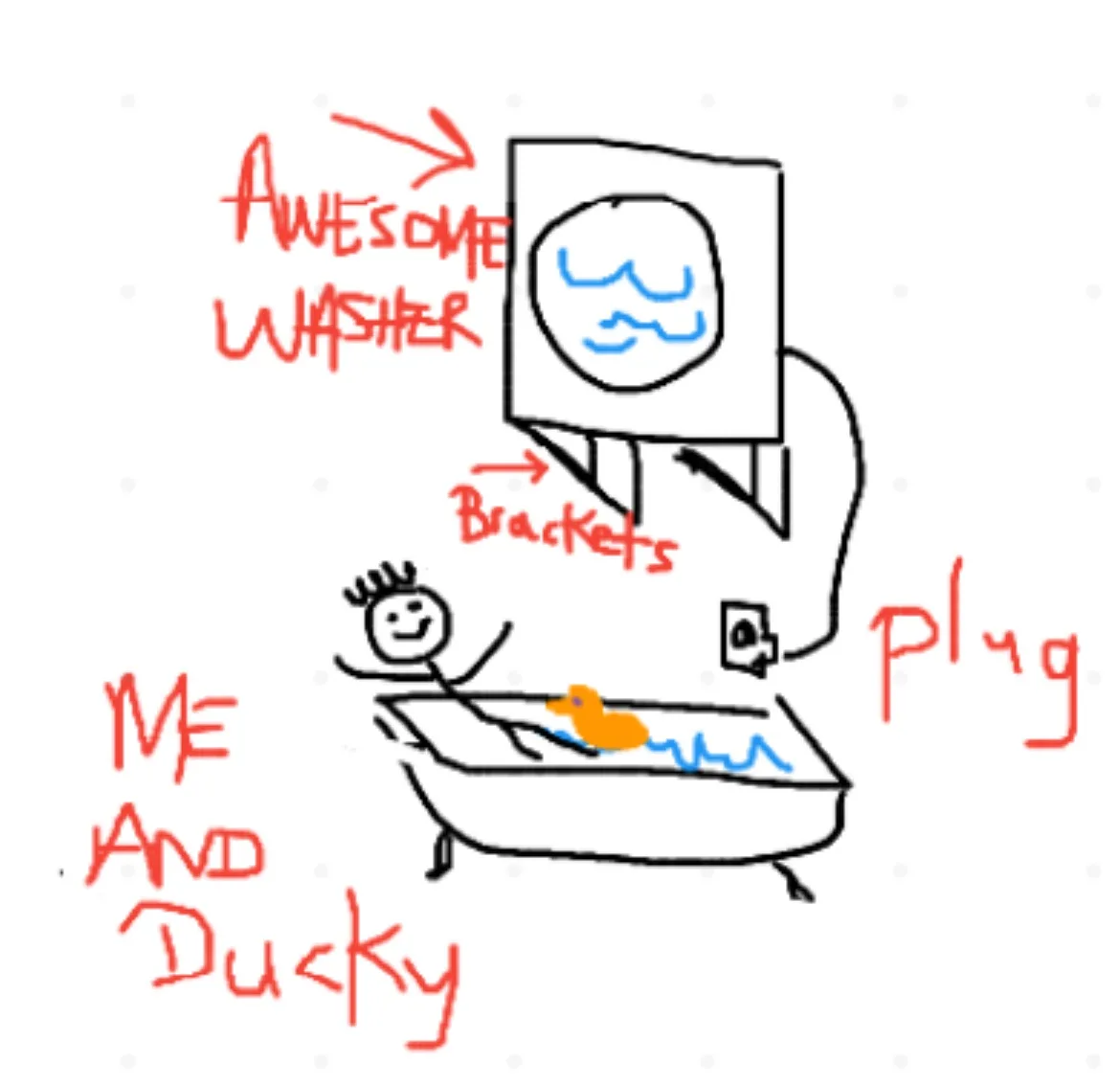 A hand-drawn sketch shows a stick figure labeled 'ME AND Ducky' happily bathing in a tub with a rubber duck. Above the tub…