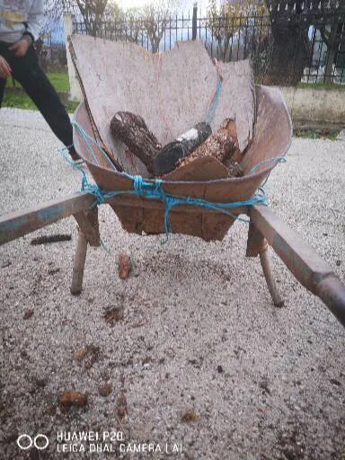 A person stands beside a wheelbarrow filled with broken coconut shells and a single black shoe, tied together with blue…