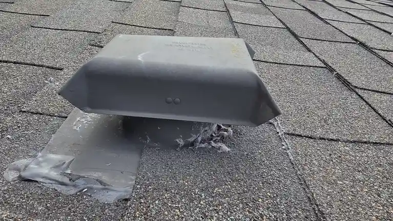 A close-up photo of a gray, rectangular roof vent cap on a shingled roof, with two small circular indentations resembling…