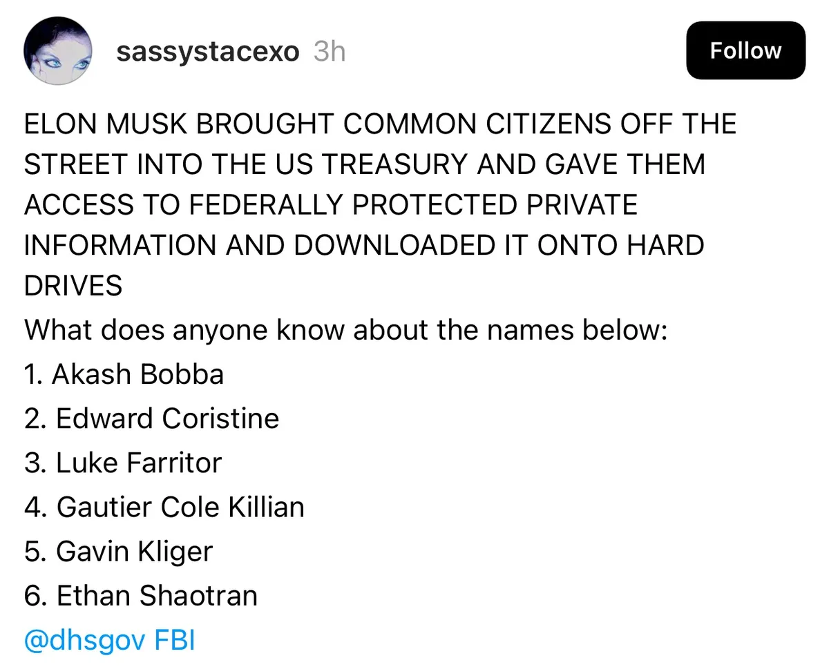 A screenshot of a social media post by 'sassystacexo' claims Elon Musk brought common citizens into the US Treasury to…