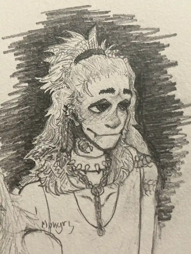 A black-and-white pencil sketch depicts a stylized, anime-inspired character with wild, spiky hair, a faint smile, and a…