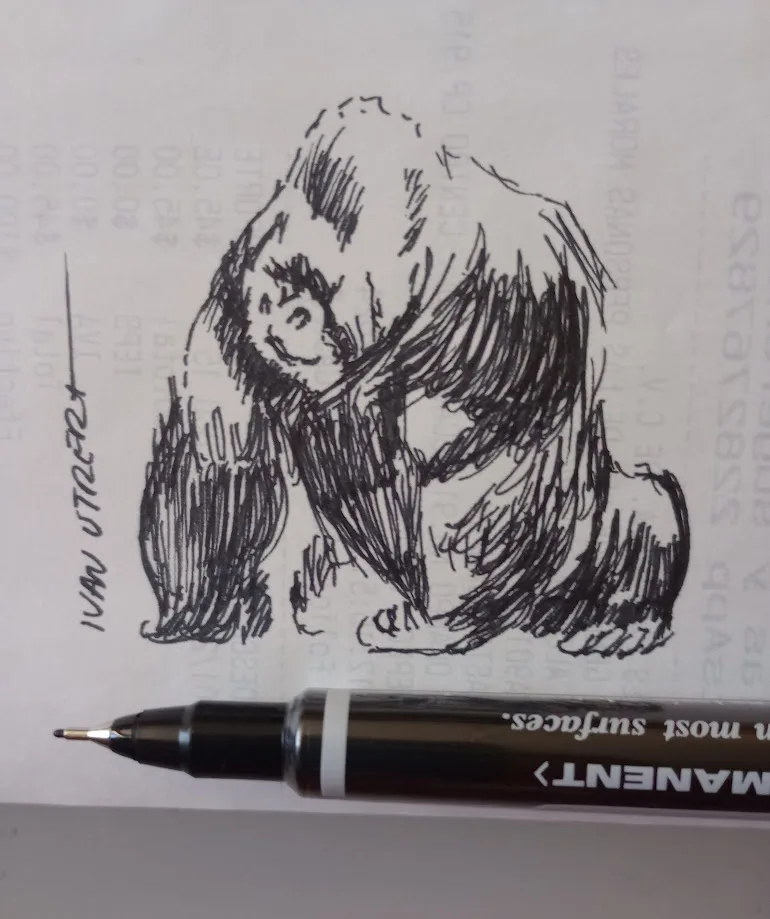 A rough black ink sketch of a gorilla sitting on paper with faint printed text in the background. A black permanent marker…