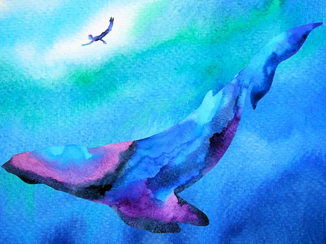 A watercolor painting shows a large, colorful whale swimming underwater in shades of blue and purple, with a small human…