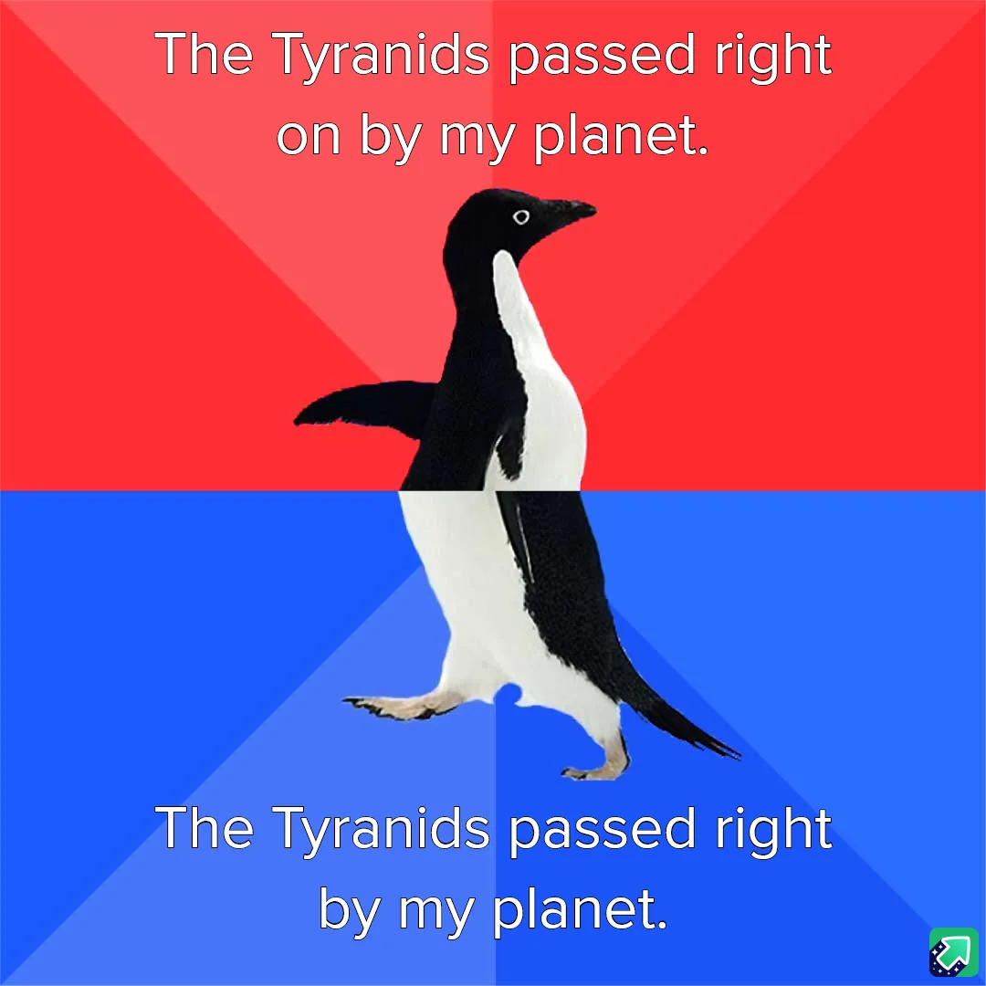 A penguin is split vertically down the middle, with the top half against a red background and the bottom half against a blue…
