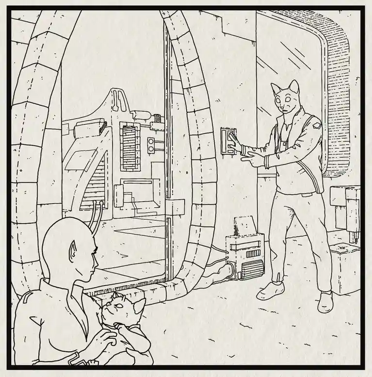 A black-and-white line drawing shows a cat-like humanoid in a uniform pressing a button on a wall panel in a sci-fi setting…
