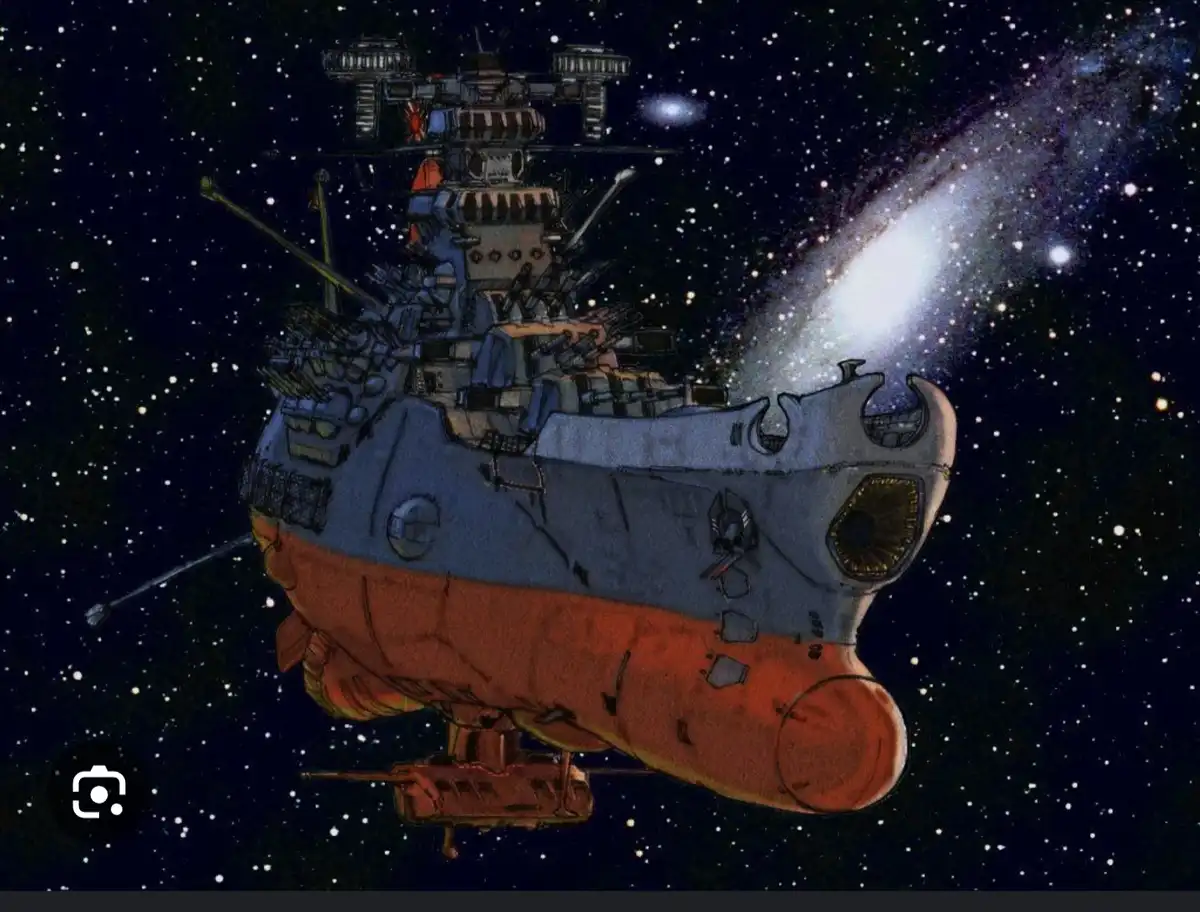 A large, heavily armed battleship with a blue upper hull and orange lower hull is depicted floating in space, surrounded by…