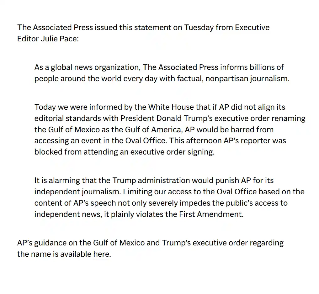 The image displays a formal statement from The Associated Press Executive Editor Julie Pace, detailing how the White House…
