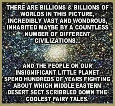 The image displays a starfield with a bright nebula at its center, overlaid with large white text. The text reads: 'THERE…