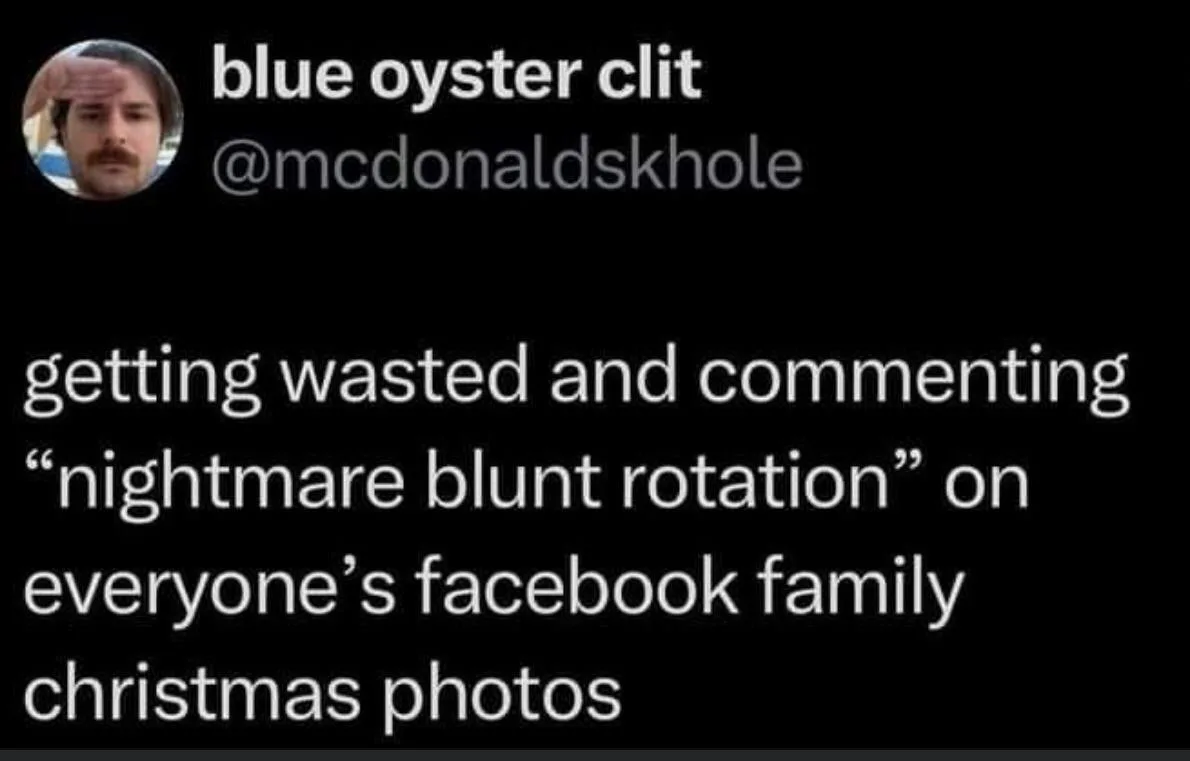 A black-background image displays a Twitter-style post from a user named 'blue oyster clit' with handle '@mcdonaldskhole'…