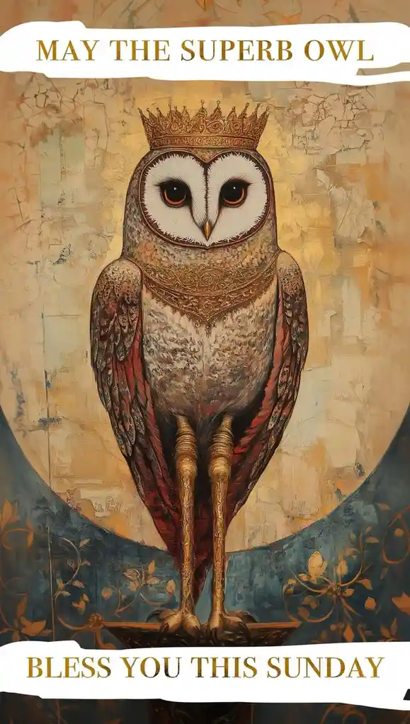A regal, illustrated barn owl wearing a golden crown and ornate necklace stands on a pedestal against a textured, painterly…