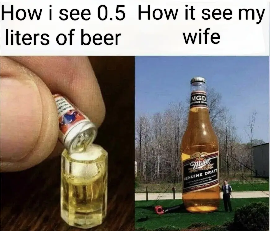 The image is split into two panels. The left panel shows a person's fingers holding a tiny, miniature beer bottle pouring…