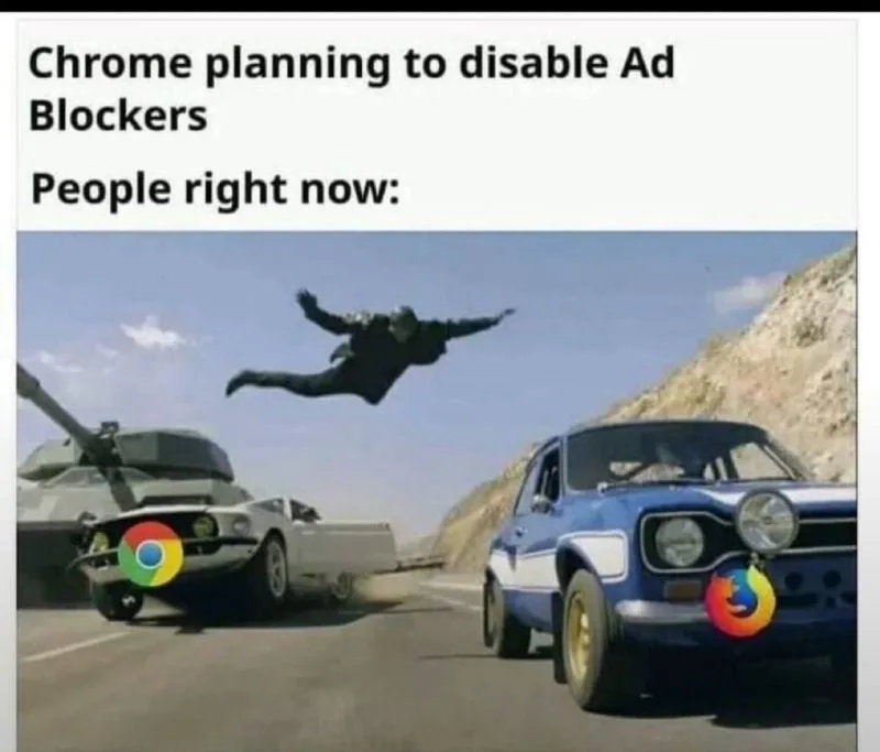 Two cars, one with a Chrome logo and one with a Firefox logo, are racing on a road. A person is shown flying through the air…