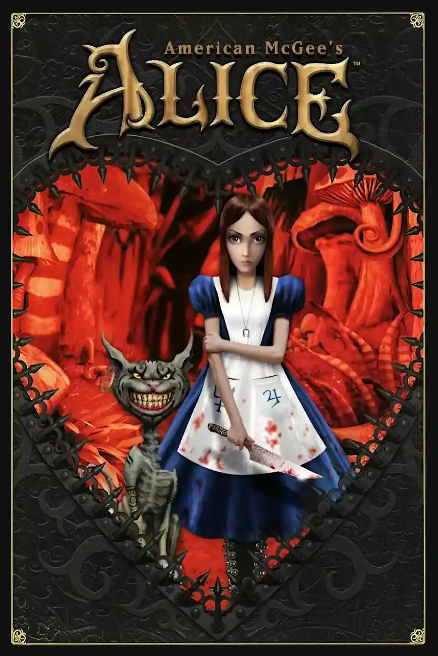 The image is the cover art for the video game 'American McGee's Alice,' featuring a dark, gothic version of Alice in a blue…