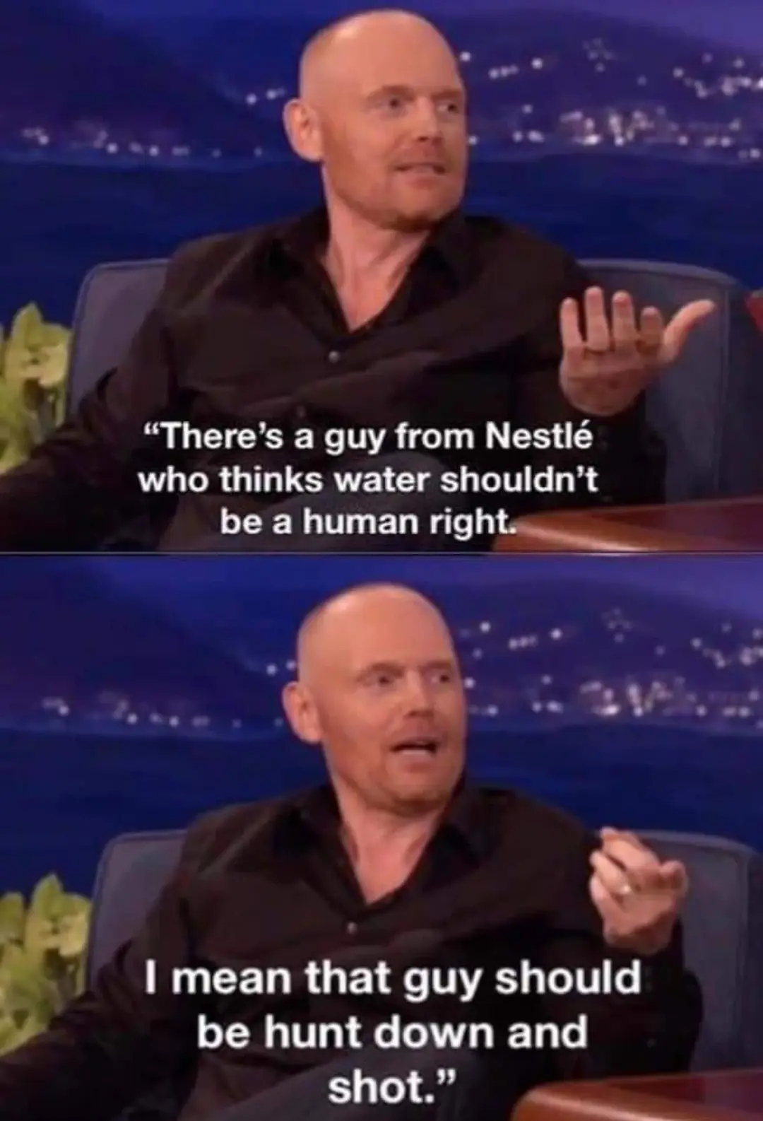 A two-panel meme featuring a bald man in a black shirt on a talk show set. In the top panel, he gestures while saying…