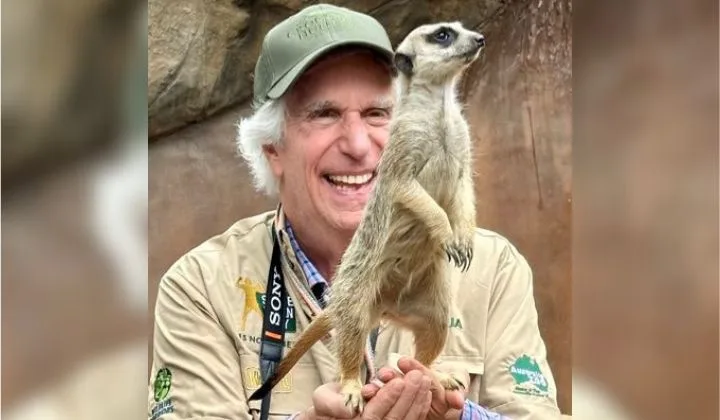 A smiling older man with white hair and a green cap holds a meerkat upright in his hands. The meerkat stands on its hind…