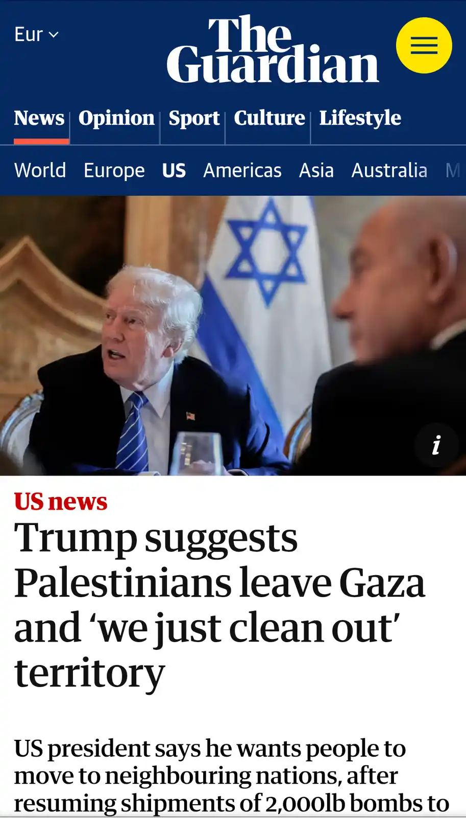 A screenshot of a The Guardian news article header showing Donald Trump speaking at a meeting with an Israeli flag behind…