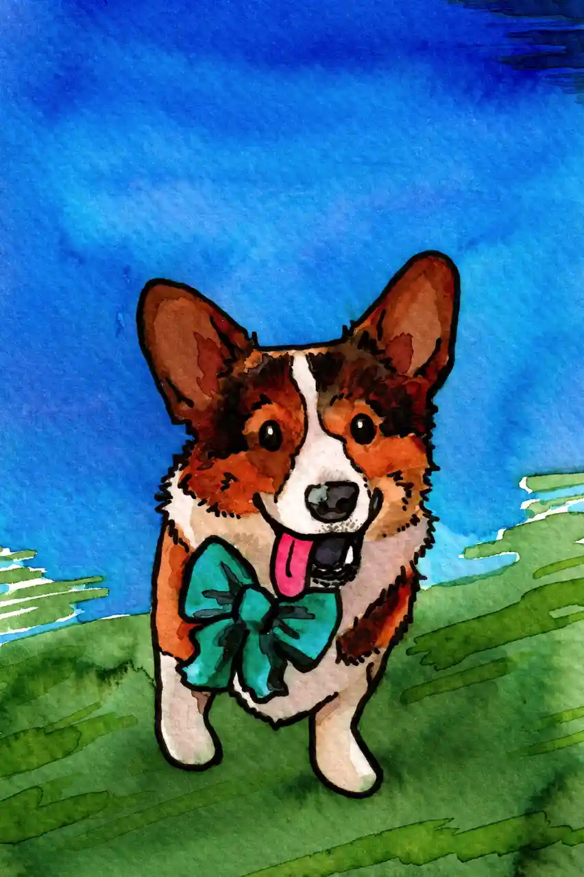 A watercolor painting of a happy, brown and white corgi standing on green grass under a blue sky, wearing a large teal…