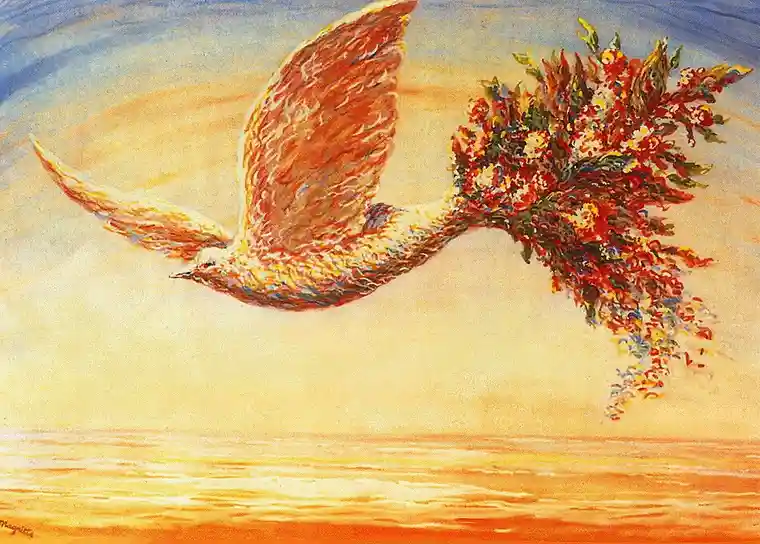 A painting depicts a bird in flight against a sunset sky, but its body is replaced by a colorful bouquet of flowers, with…