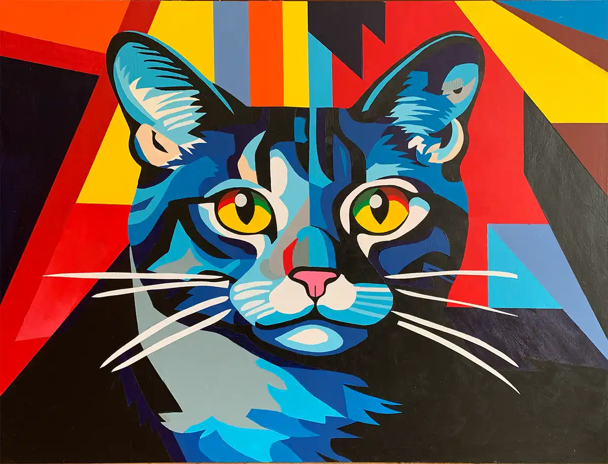 A stylized painting of a blue cat's face with geometric, colorful background, overlaid with the text 'i'm not a cat, i'm a…
