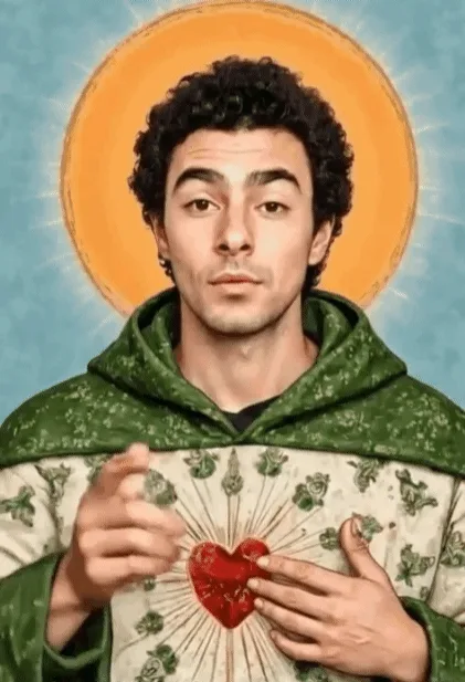 A man in a green robe with a golden halo and a sacred heart emblem on his chest appears in six panels. In the top three, he…