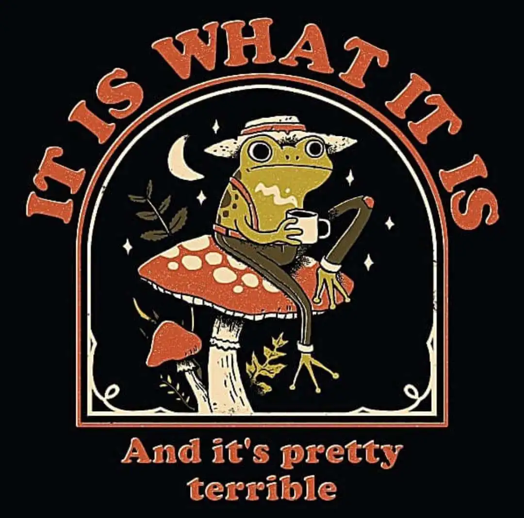 A stylized illustration of a frog wearing a hat and suspenders, sitting on a red-and-white spotted mushroom under a crescent…