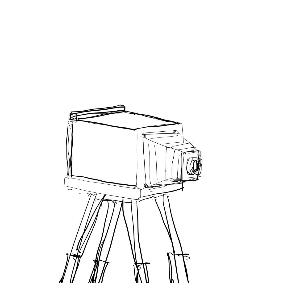 A simple black-and-white line drawing shows a boxy camera mounted on a tripod. The camera is drawn with a lens and a shutter…