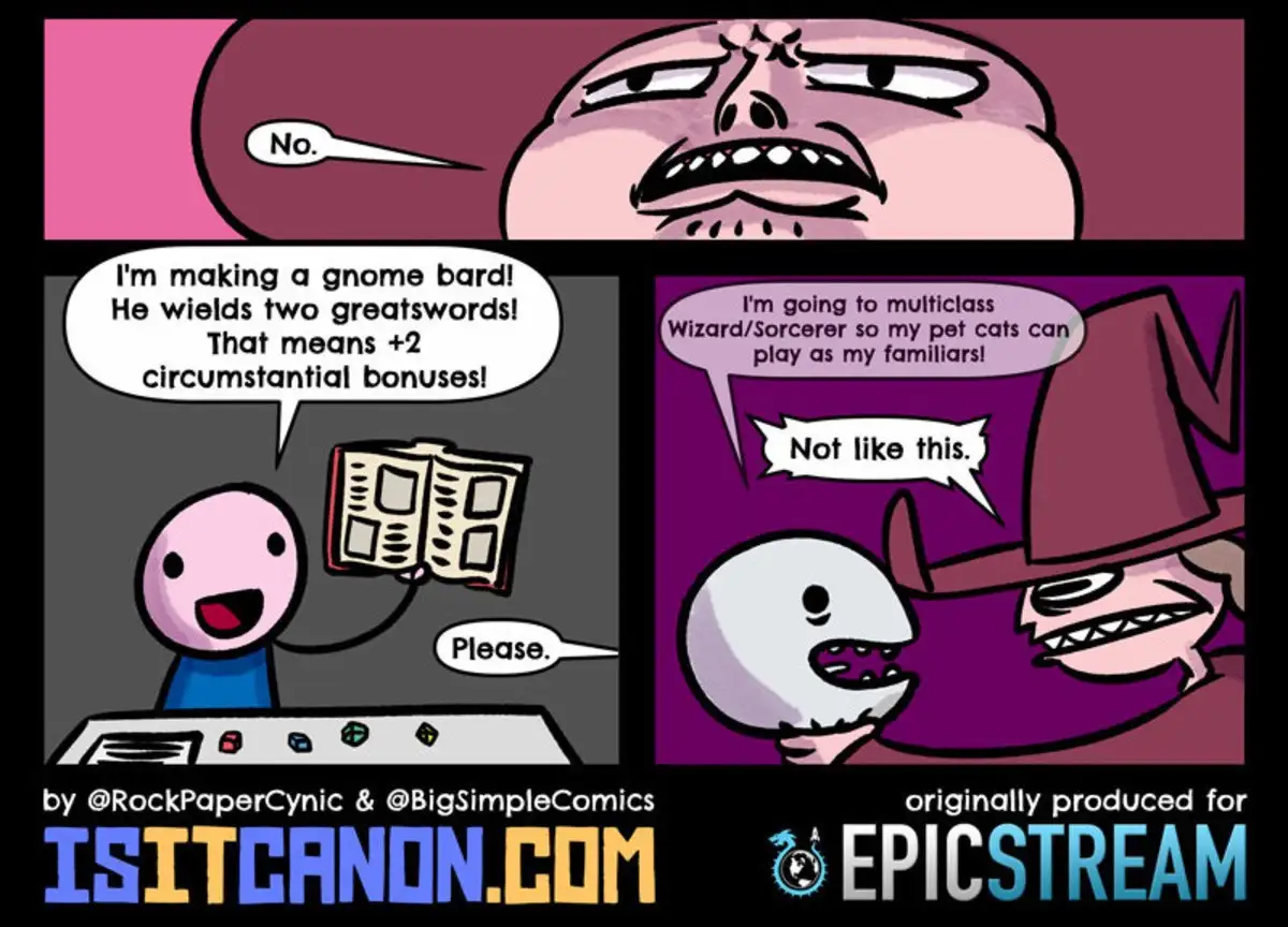 A three-panel comic strip shows a frustrated Dungeon Master saying 'No.' to two players. The first player, holding a book…