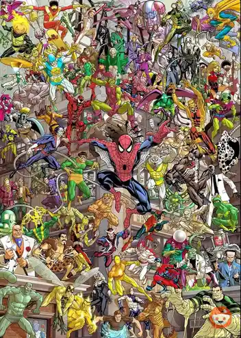 A dense, colorful illustration shows Spider-Man in his classic red and blue suit, centrally positioned and leaping forward…