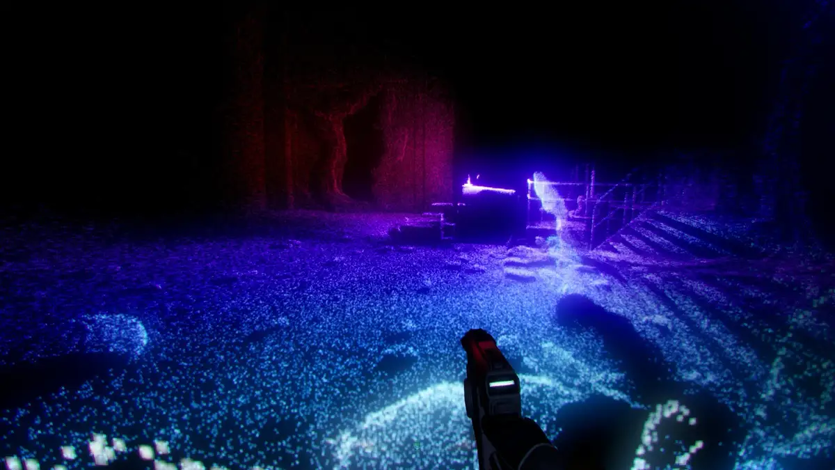 A first-person view from a video game shows a player holding a futuristic gun, looking at a dark, glitchy environment with…