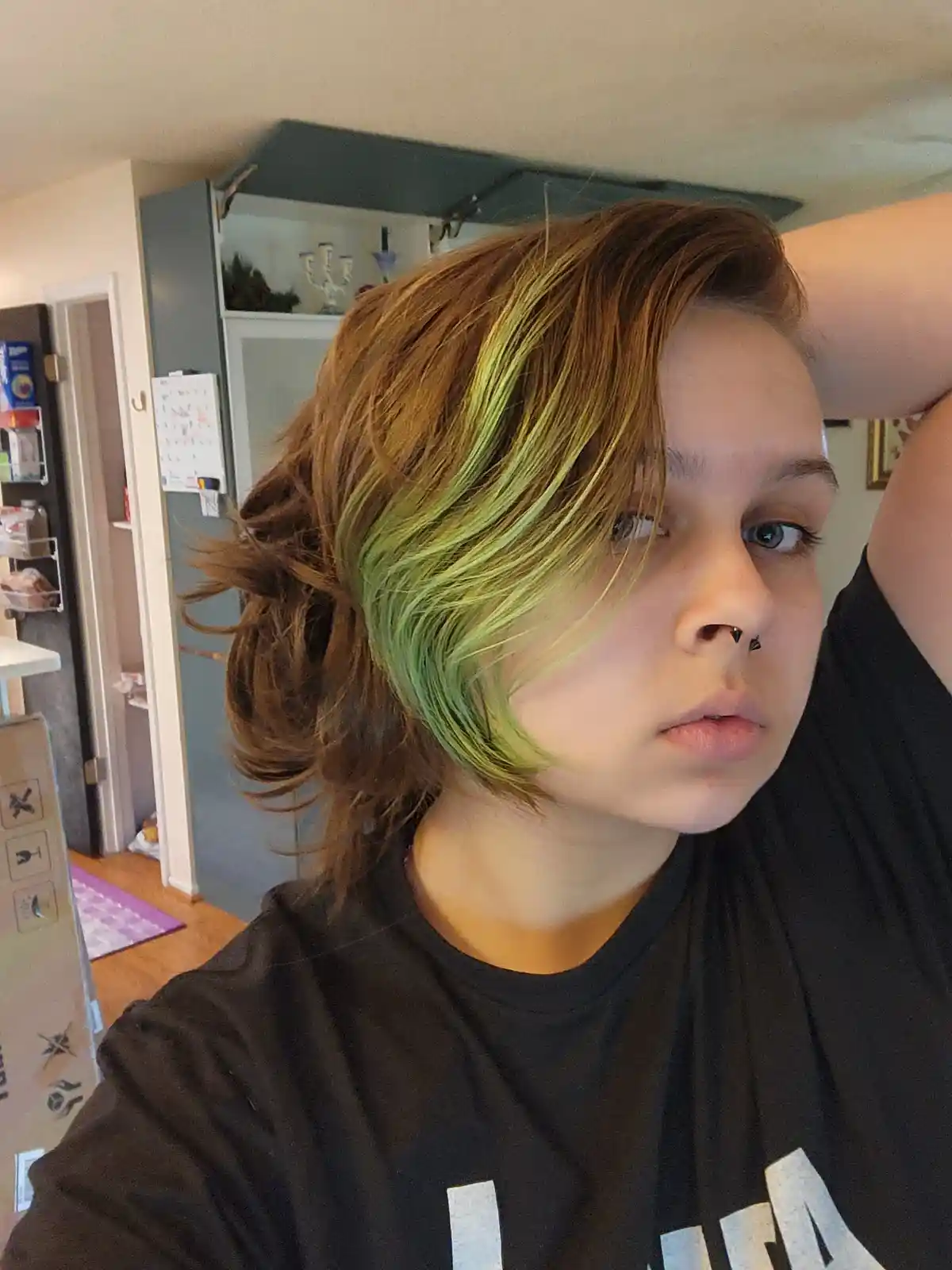 A person with short brown hair featuring a prominent green streak on one side looks at the camera with a neutral expression…