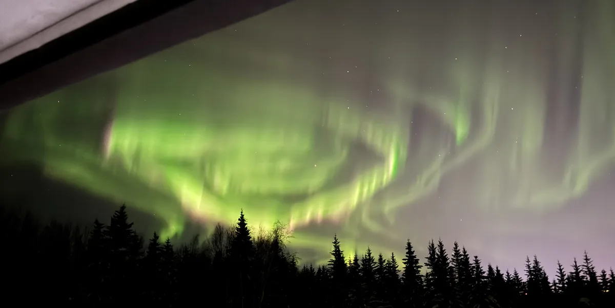 A photograph captures a vibrant green aurora borealis dancing across a starry night sky, viewed from behind a dark…