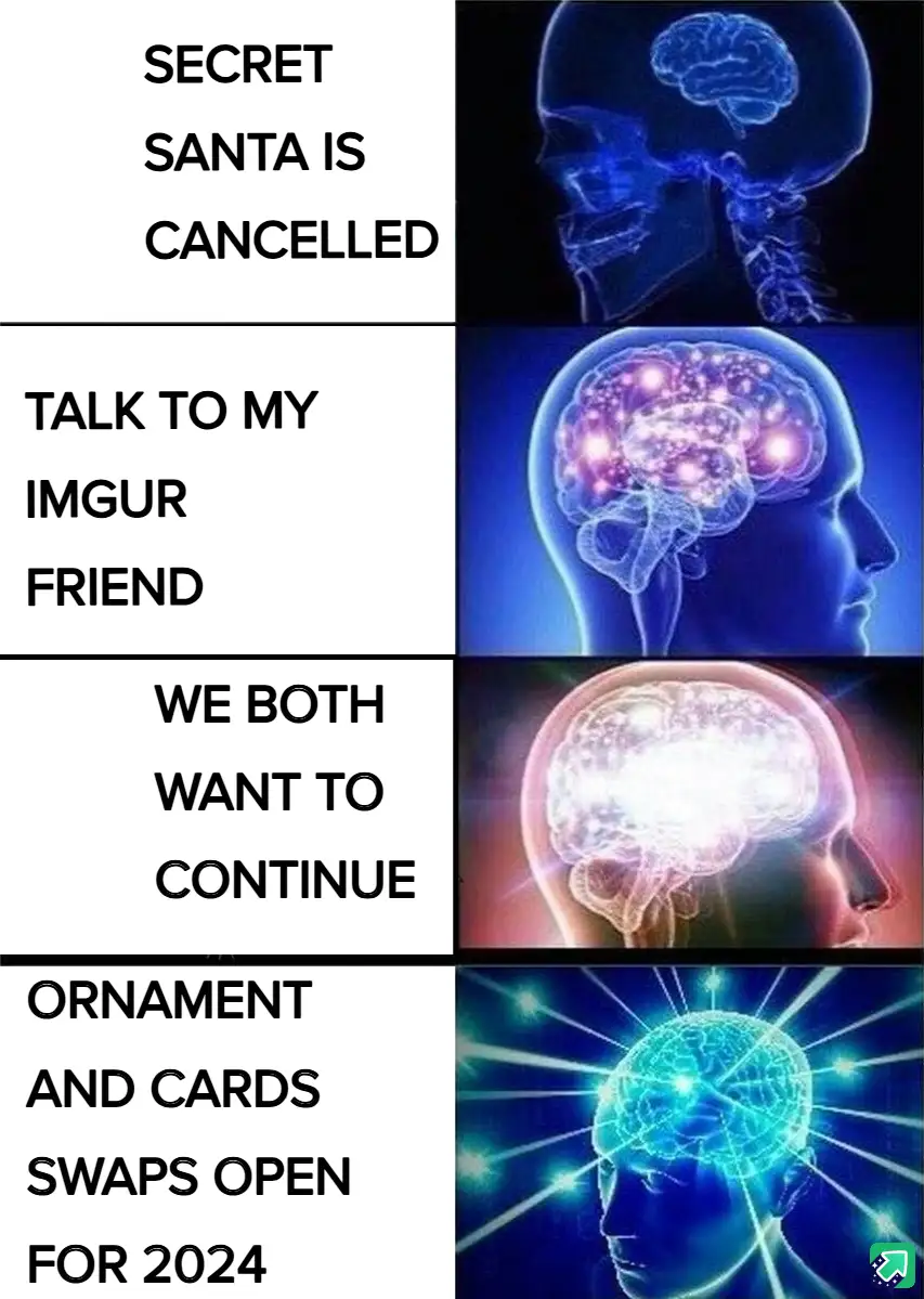 A four-panel meme template showing a human head with increasingly illuminated brains, paired with text about Secret Santa…