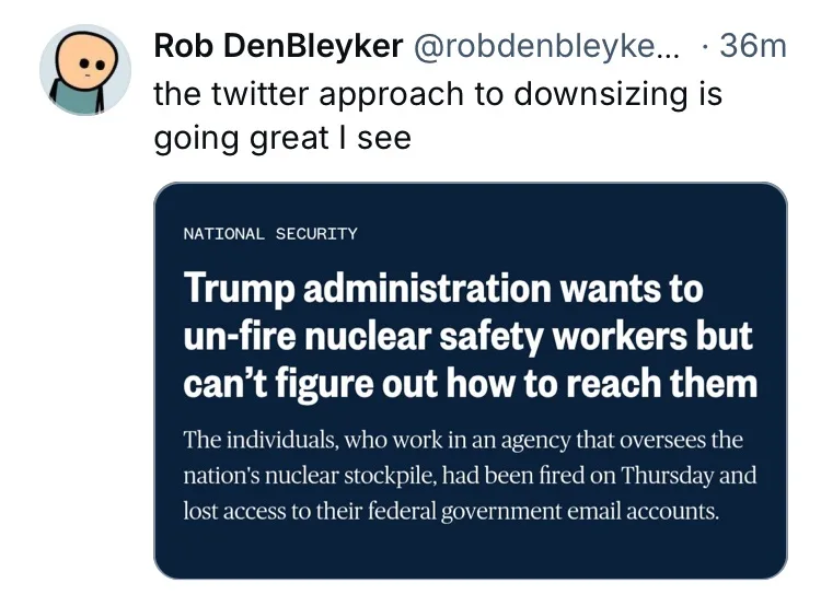 A screenshot of a tweet by Rob DenBleyker showing a news article with the headline 'Trump administration wants to un-fire…