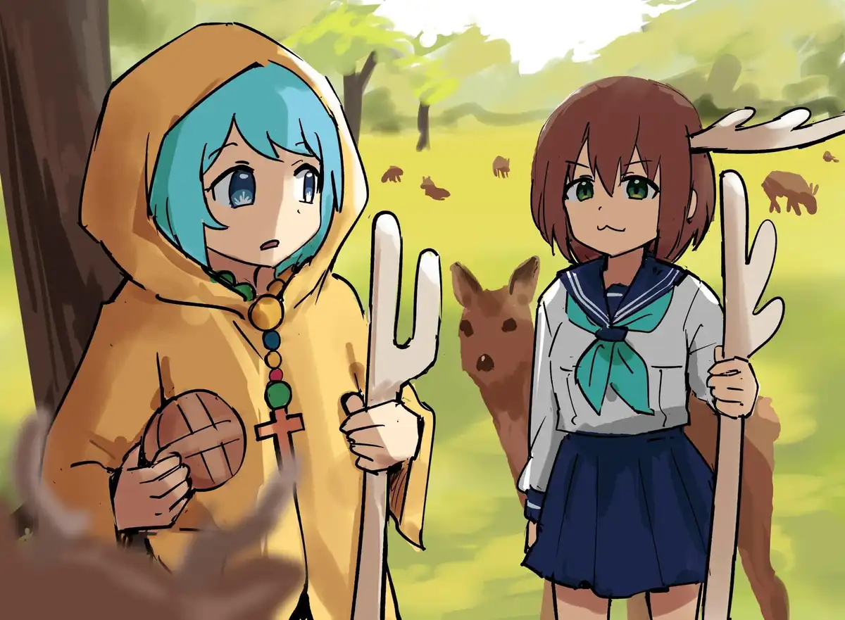Two anime-style girls stand in a forest clearing with deer in the background. The girl on the left, with blue hair and a…