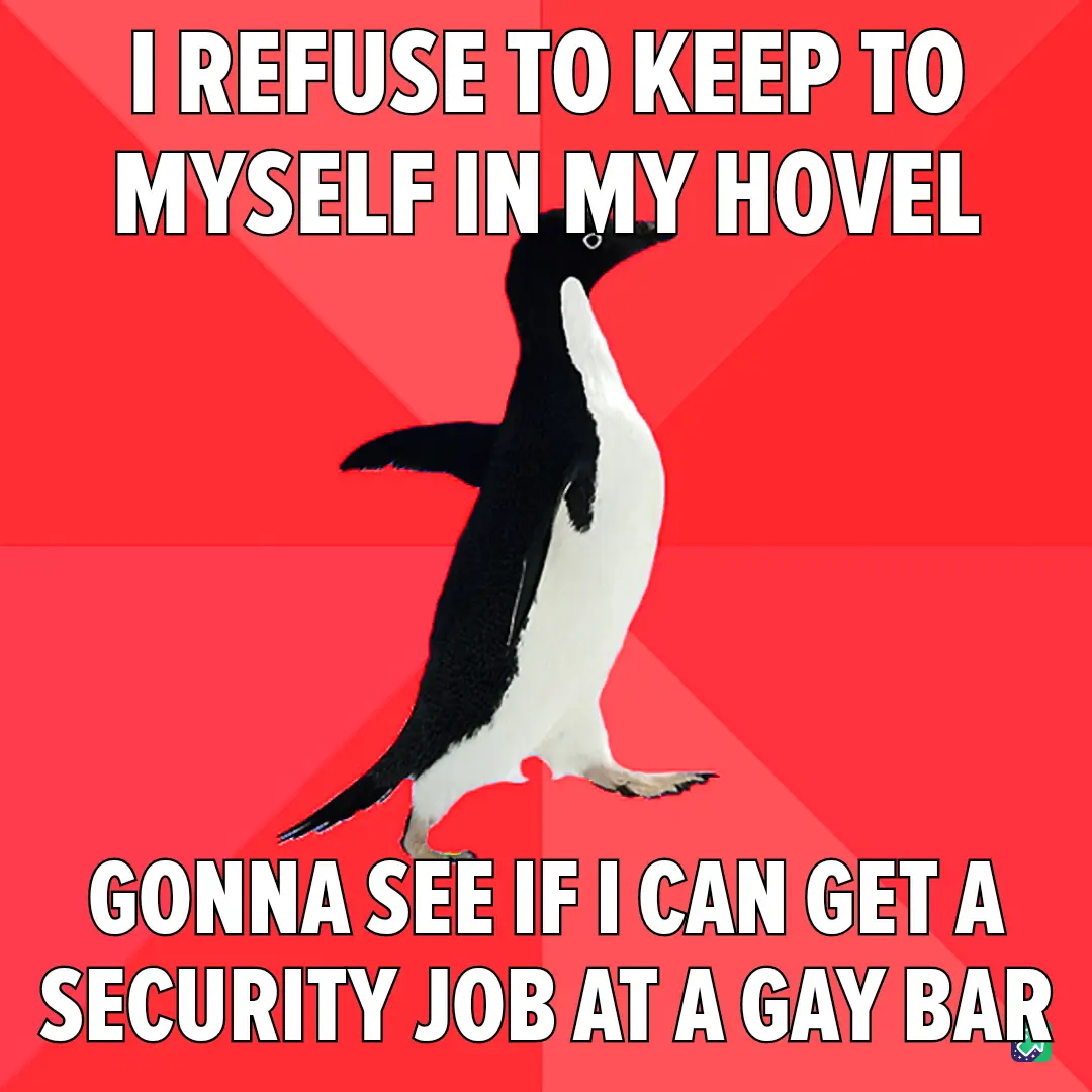 A black-and-white penguin stands upright against a red background with diagonal stripes. The text at the top reads 'I REFUSE…