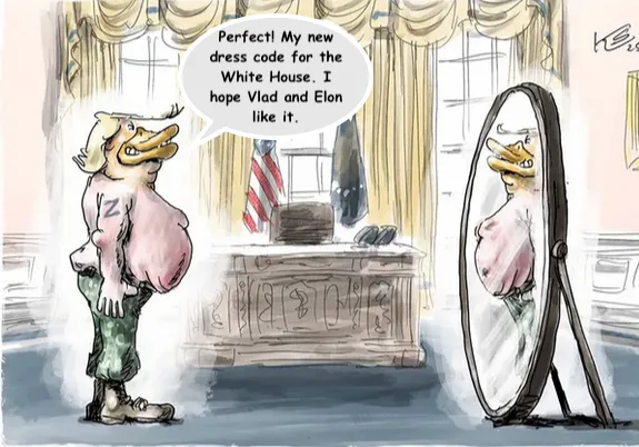 A cartoon depicts a caricature of Donald Trump, drawn as a duck with a large belly and a 'Z' tattoo, standing in front of a…