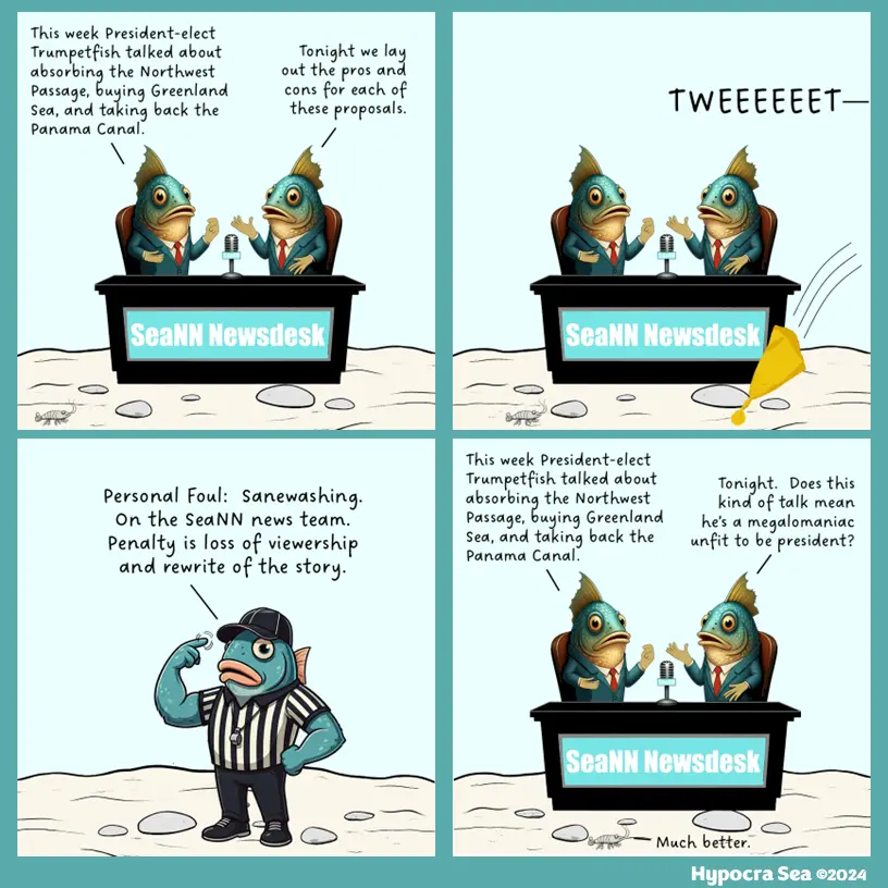A four-panel comic strip featuring anthropomorphic fish in a news studio called 'SeaNN Newsdesk'. Two fish anchors discuss a…