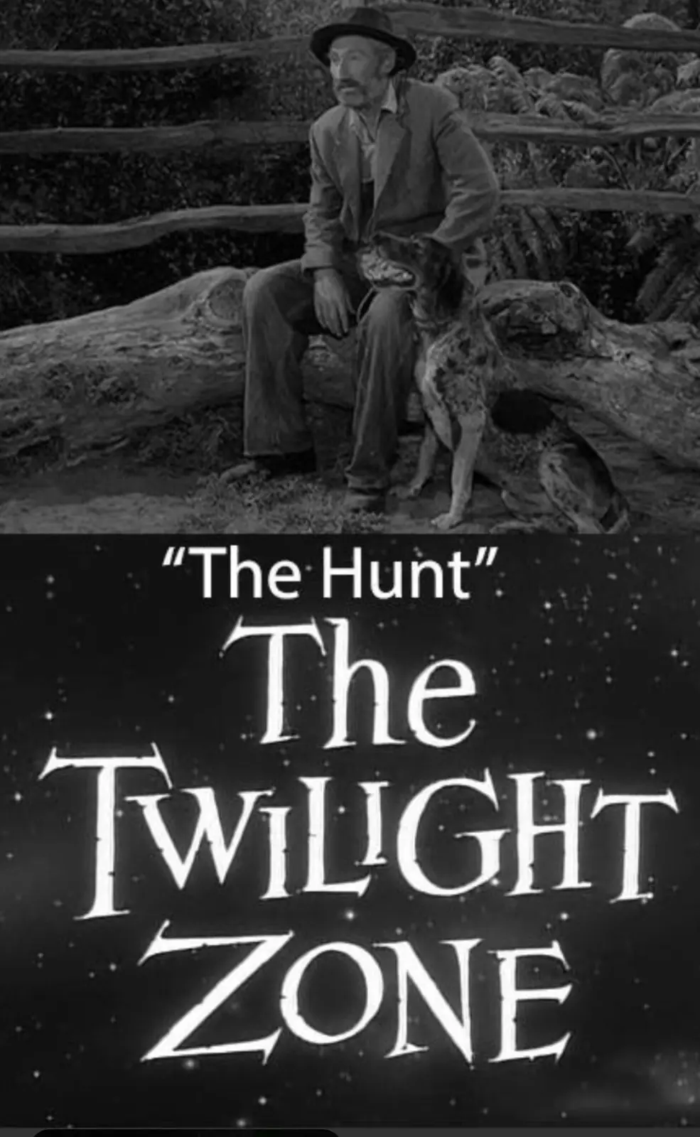 A black-and-white image shows a man in a hat sitting on a log with a dog beside him, overlaid with the text "The Hunt" and…