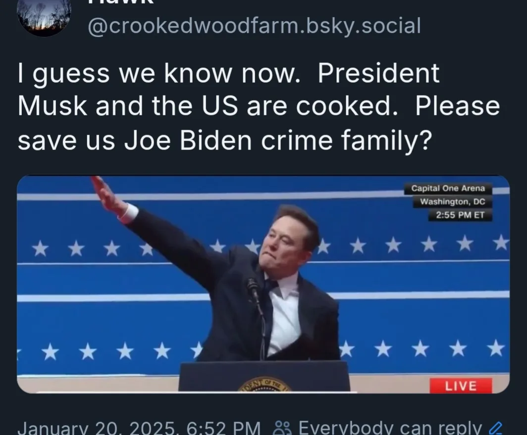A screenshot of a social media post showing a man in a suit at a podium with a blue starry backdrop, raising his right arm…