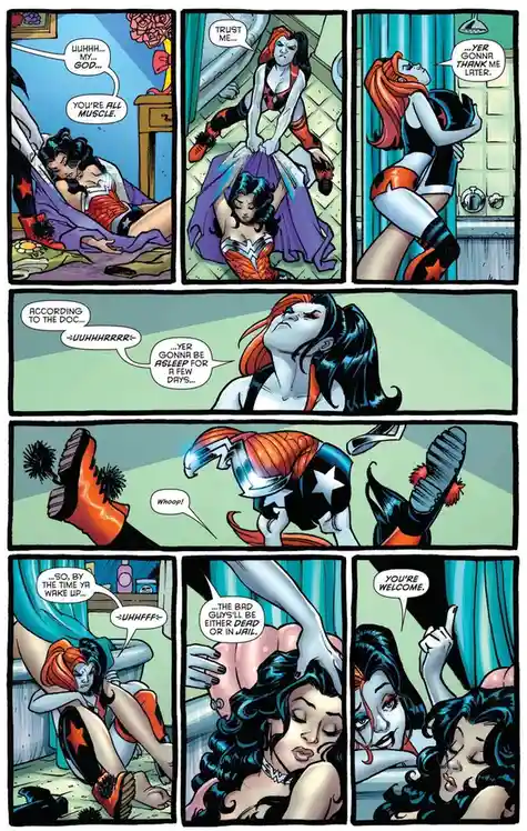 A comic strip panel sequence shows Harley Quinn sedating Wonder Woman with a drug-laced drink, then draping her in a…