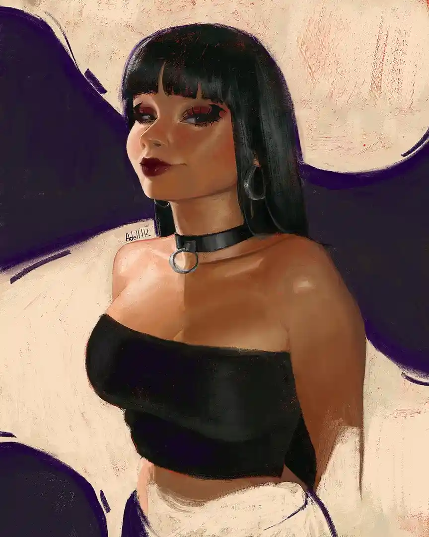 A stylized digital painting of a woman with black hair, red eyes, and dark lipstick, wearing a black choker with a ring and…