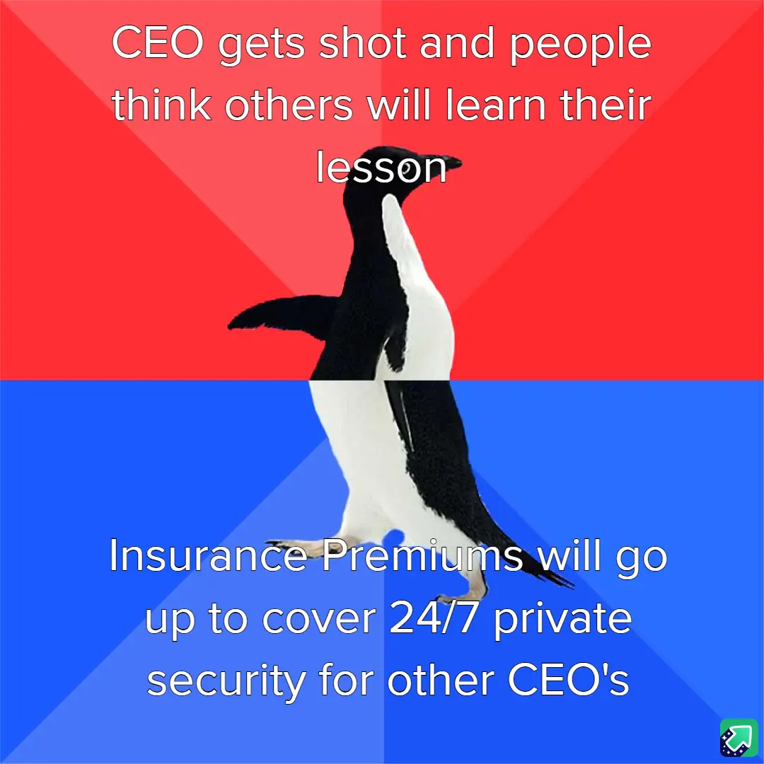 A penguin stands centered against a red and blue background, split horizontally. White text in the top red section reads…