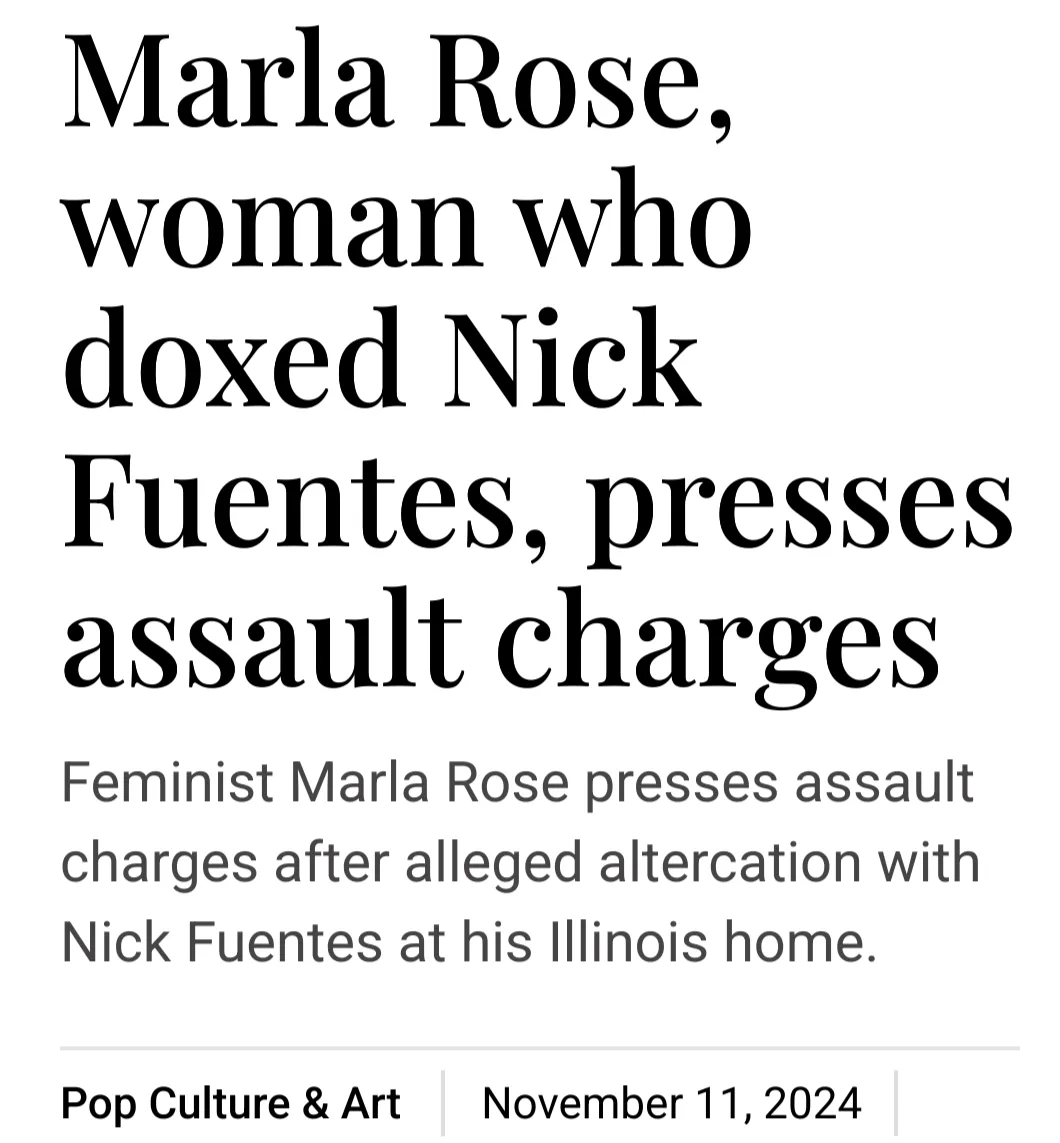 A newspaper headline image displays bold black text on a white background. The main headline reads 'Marla Rose, woman who…