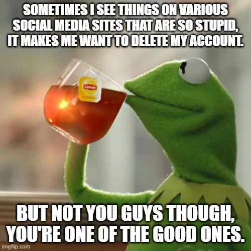 A green frog puppet, Kermit the Frog, is shown sipping tea from a glass mug with a Lipton tea bag visible. The image has…