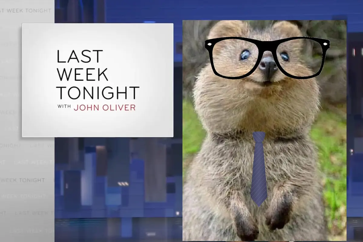The image displays the 'Last Week Tonight with John Oliver' show logo on the left against a blurred studio background, while…
