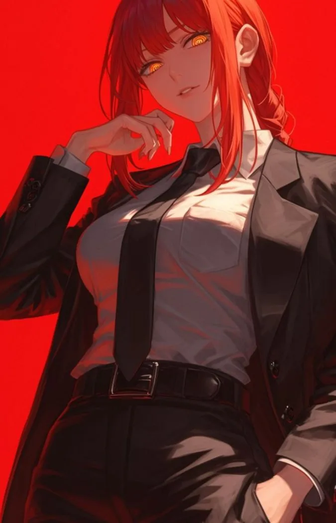 An anime-style illustration of a woman with red hair and glowing orange eyes, wearing a black suit, white shirt, and black…